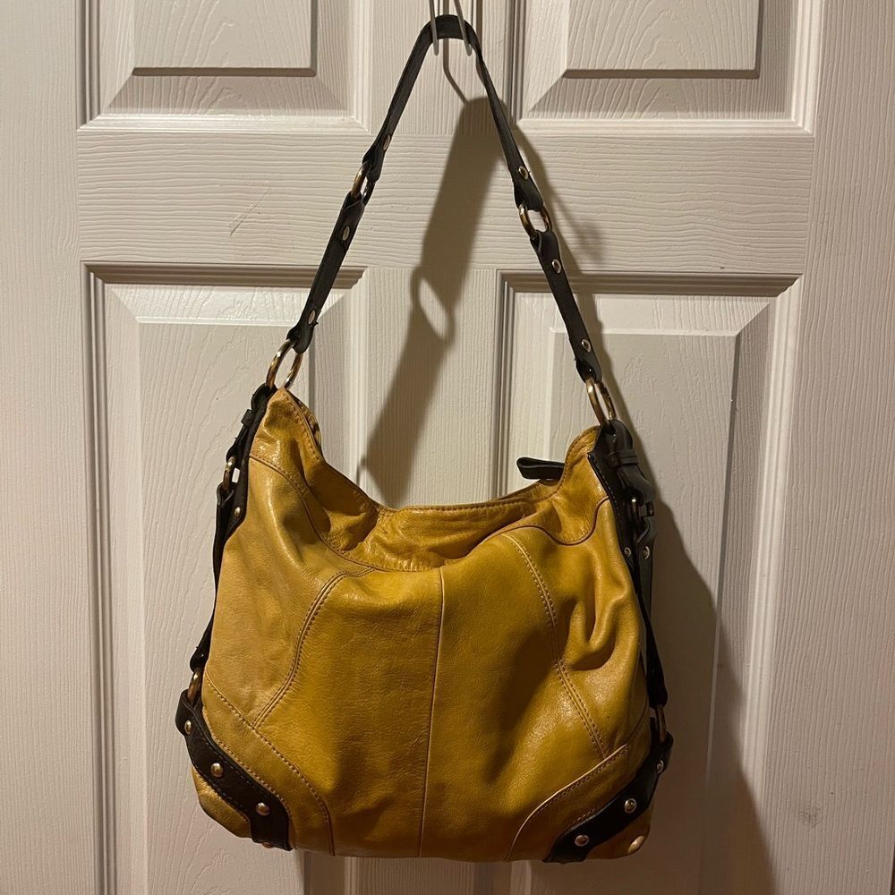 Tasche leather mustard yellow shoulder bag brown trims &strap gold tone studs